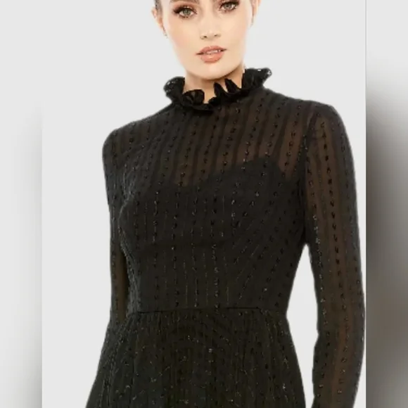 Ieena for Mac Duggal Black Embroidered Long Sleeve Ruffle Dress - Picture 5 of 10